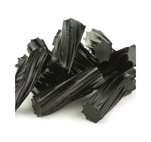 black licorice candy, bite-sized cylinder shape